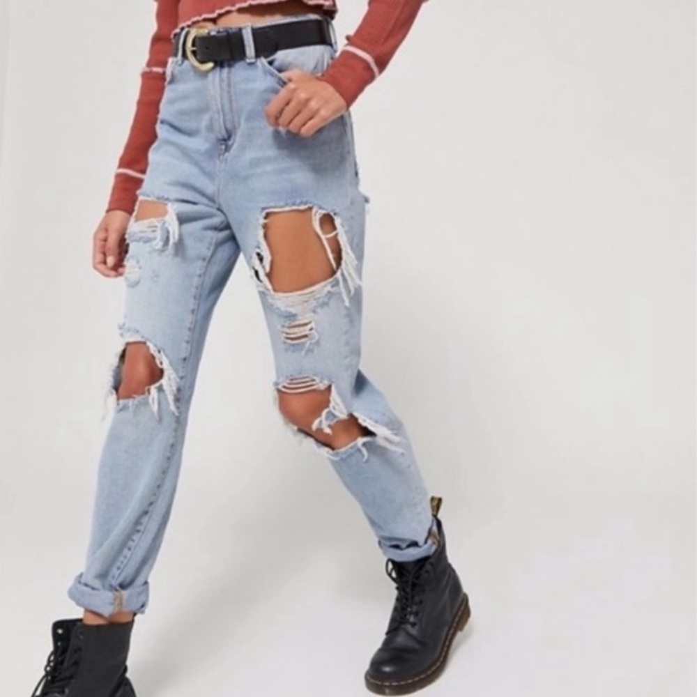 BDG High Waisted Distressed Light Wash Mom Jeans